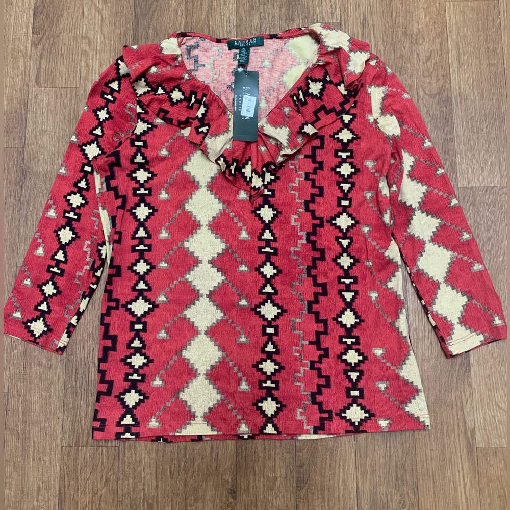 NWT Vintage Native Design Ralph Lauren Southwest SantaFe V-Neck Ruffle Blouse PL